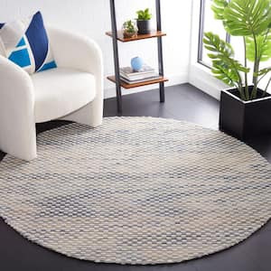 Marbella White/Navy 6 ft. x 6 ft. Striped Solid Color Round Area Rug
