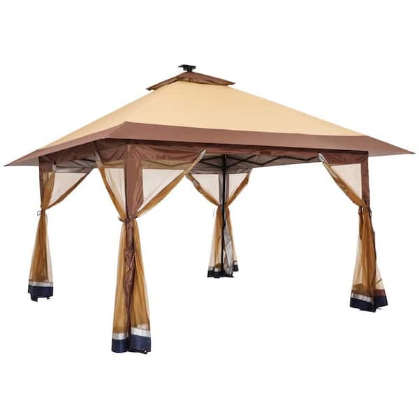 13 ft. x 13 ft. Khaki Instant Pop Up Gazebo Canopy Tent Shelter with Solar LED Lights, Zippered Mesh Mosquito Netting