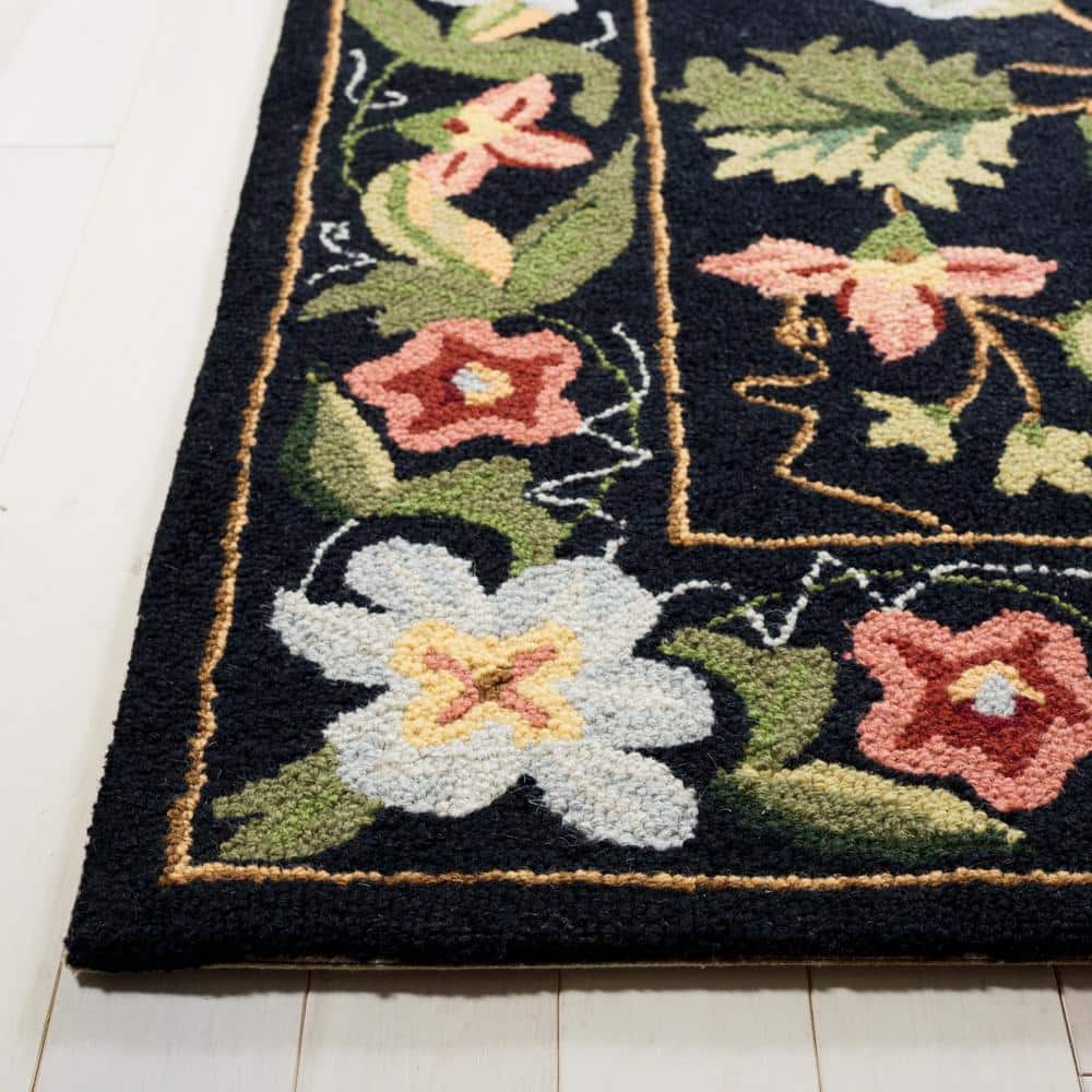 Handmade Black Floral Wool Accent Rug 2'6" x 4'