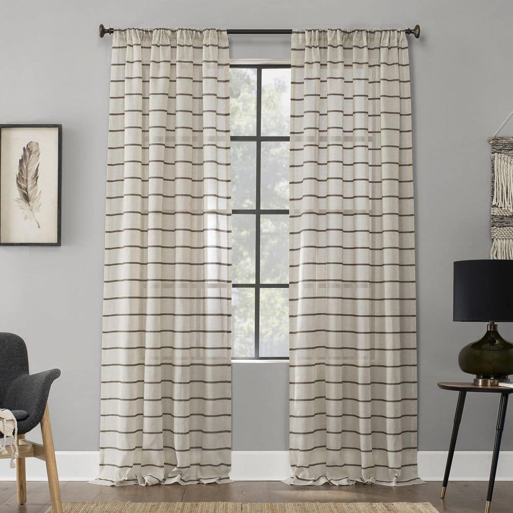 Mocha Linen Blend Sheer Twill Stripe Curtain Panel
