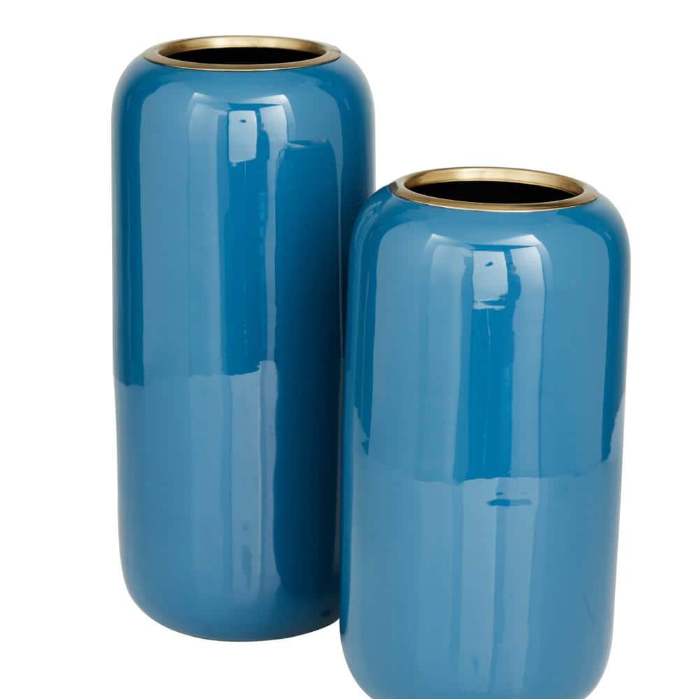 Blue Solid Polished Metal Round Vase Set of 2 - Modern Indoor Decor
