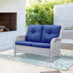 Carolina Light Gray Wicker Outdoor Loveseat with Blue Cushions