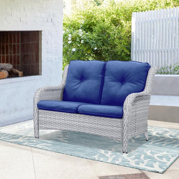 Gymojoy Carolina Light Gray Wicker Outdoor Loveseat with Blue Cushions