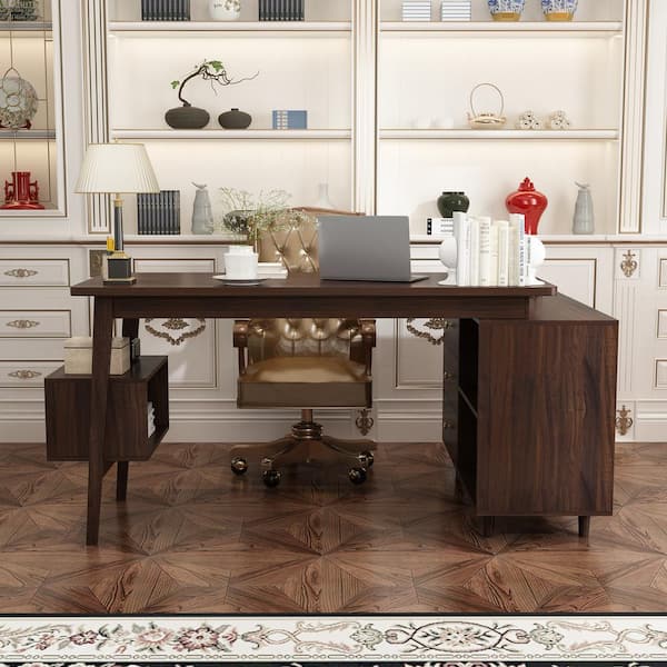 FUFU&GAGA 55.1 in. W L-shaped Brown Wooden 3-Drawer Writing Desk, Computer Desk with Shelves Storage