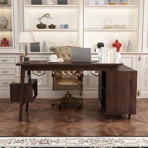 55.1 in. W L-shaped Brown Wooden 3-Drawer Writing Desk, Computer Desk with Shelves Storage