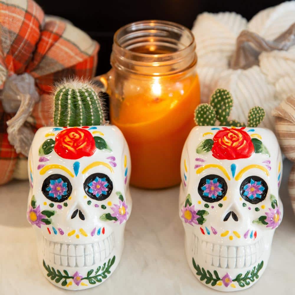 Set of 2 Multicolor Ceramic Skull Planters