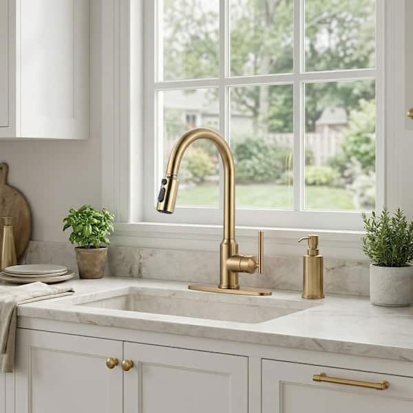 Modern High Arc Single Handle Pull-Down Sprayer Kitchen Faucet, Kitchen Sink Faucet with Deckplate in Brushed Gold
