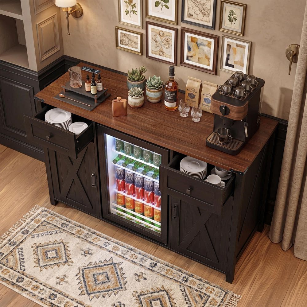 Black Wood Coffee Bar Fridge Cabinet Buffet Sideboard with Power Outlet, 2 Drawers, Door Inner Shelves Wine Glass Racks price history on PriceWatchPro