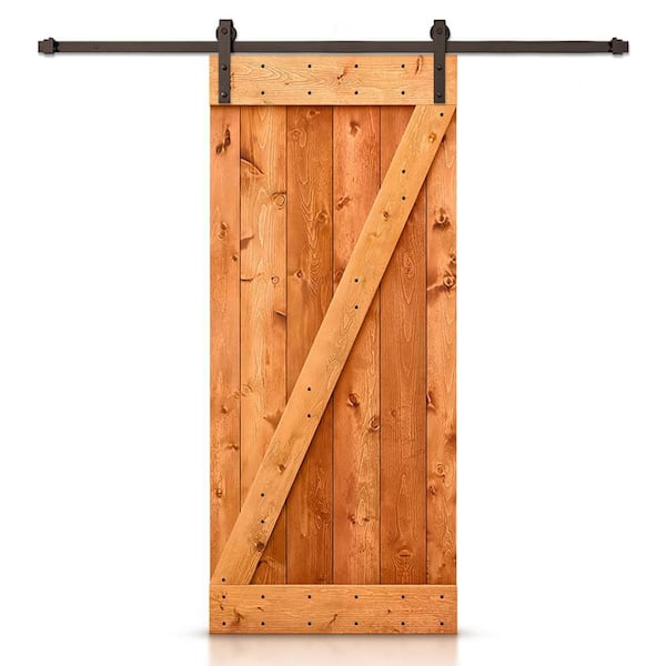 CALHOME Distressed Z Series 48 in. x 84 in. Red Walnut Stained DIY Knotty Pine Wood Interior Sliding Barn Door with Hardware Kit