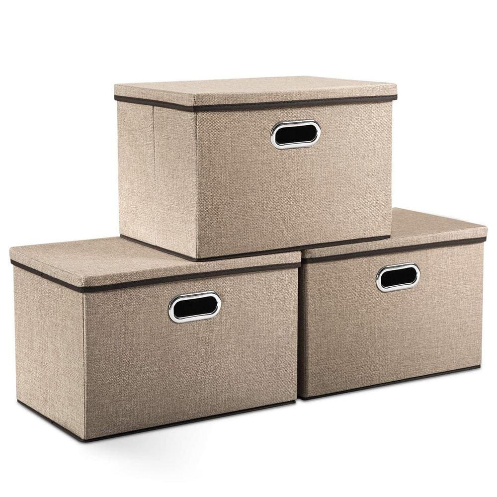 35 qt. Fabric Collapsible Storage Bin with Lid in Brown (3-Pack)