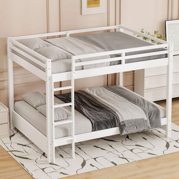 White Queen Size Wood Bunk Bed with Ladder, Solid Wood Construction