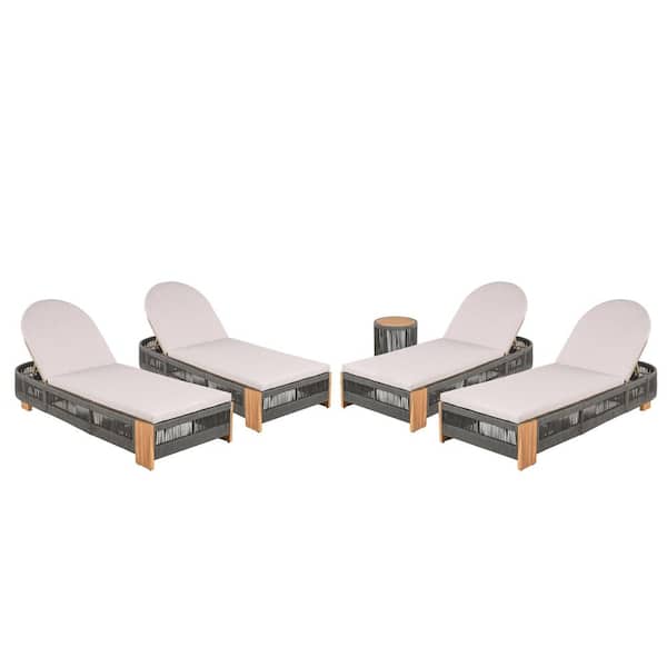 Outdoor Rope Chaise Lounge Set with Cushion 79.5 in. Grey Teak Acacia Wood Iron Rope