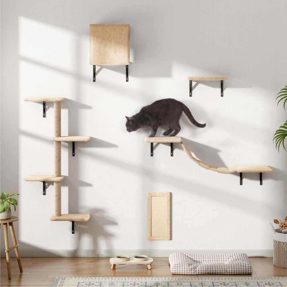 Beige Wall Mounted Cat Tree Set with Sisal Posts