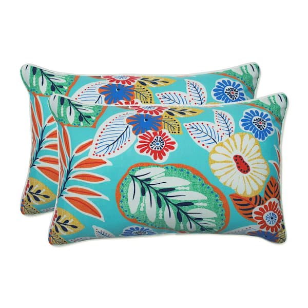 Pillow Perfect Floral Blue Rectangular Outdoor Lumbar Throw Pillow 2-Pack