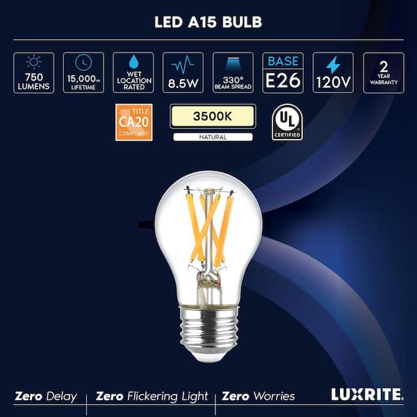 60-Watt Equivalent A15 Edison LED Standard Light Bulb, 3500K Natural White 8.5W, Dimmable 750LM CRI90 E26 A-Style 6 Pack