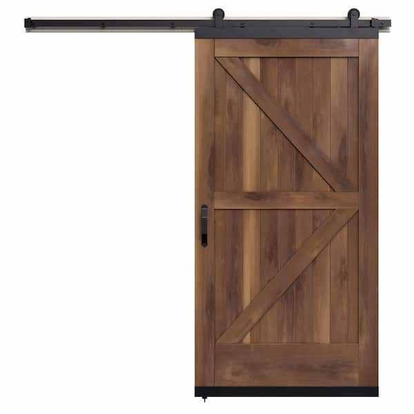 JELD-WEN 42 in. x 80 in. Karona K Design Clear Stained Rustic Walnut Wood Sliding Barn Door with Hardware Kit