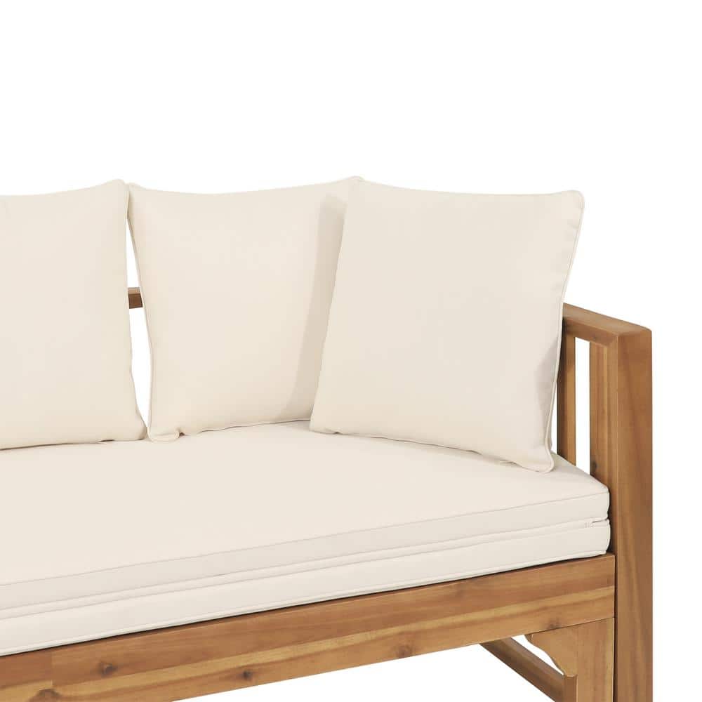 Reyes Teak Wood Outdoor Daybed Sofa with Beige Cushions