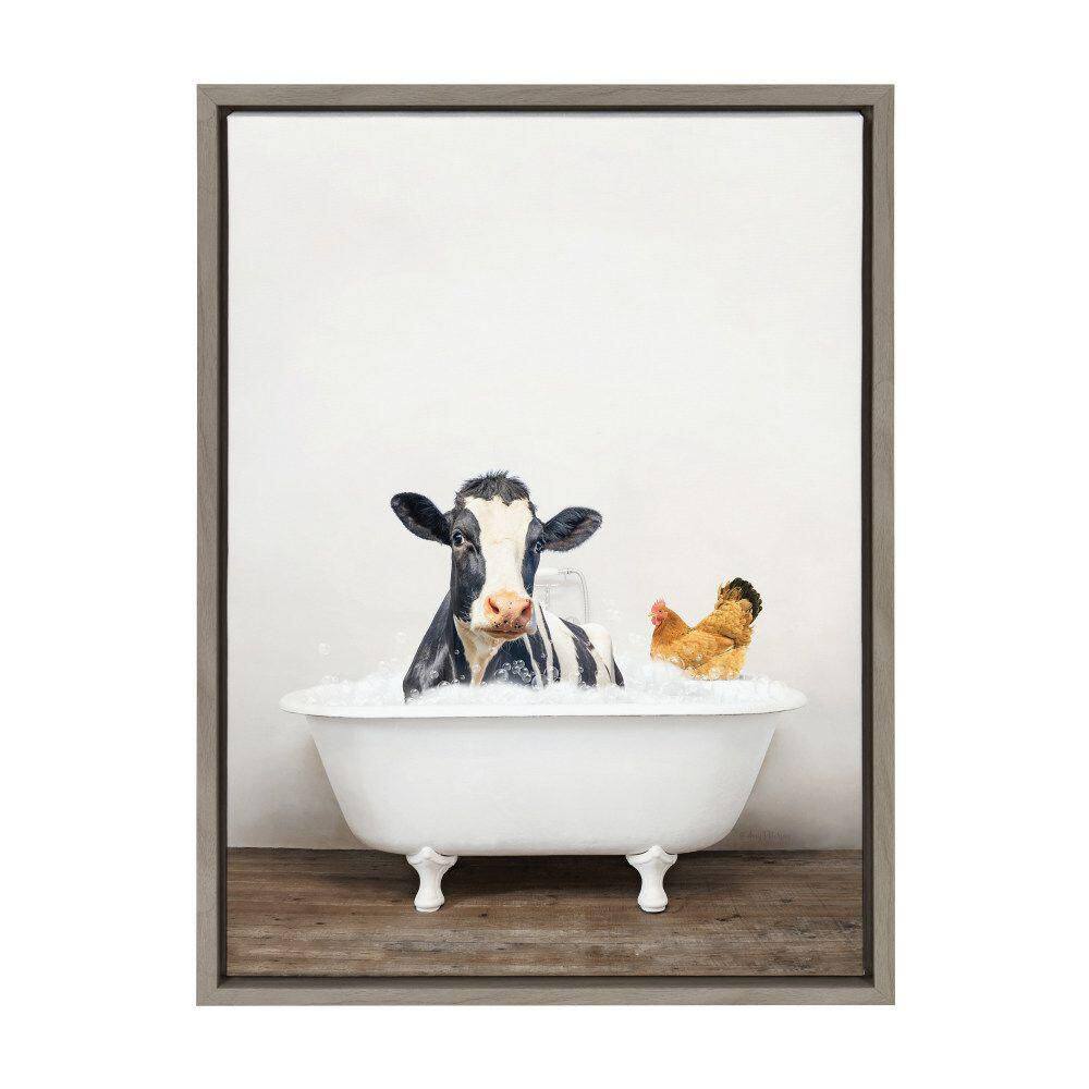 Gray Framed Canvas Print of Cow and Chicken in Bathtub, 18" x 24"