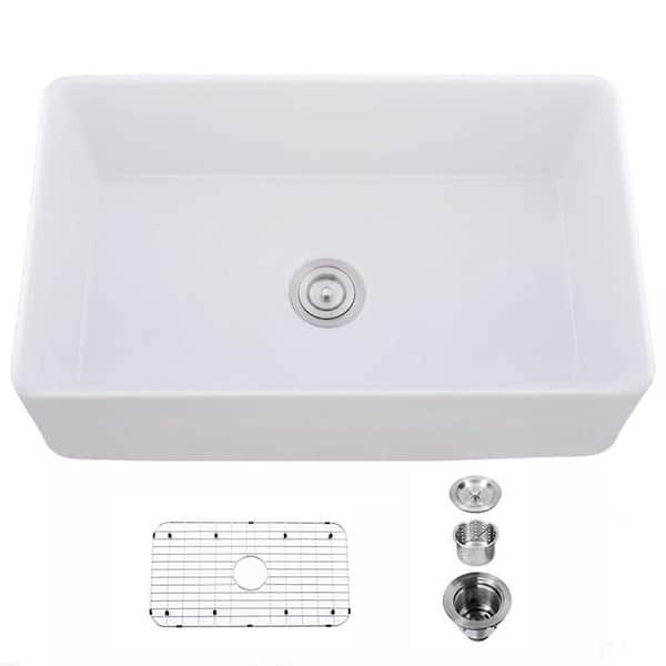33 in. Drop-In Single Bowl White Ceramic Kitchen Sink with Basket Strainer and Sound Dampening