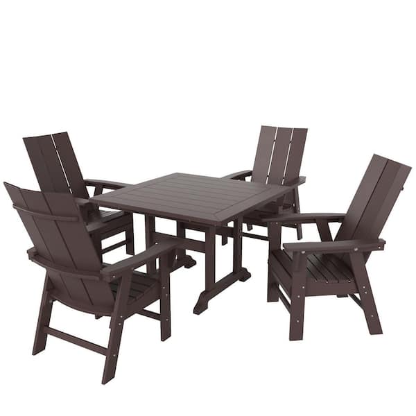 WESTIN OUTDOOR Shoreside Outdoor Patio Weather Resistant Adirondack Dark Brown 5-Piece HDPE Plastic Square Table Dining Set