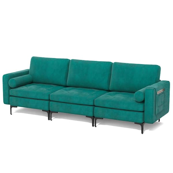 Costway 88.5 in. Width Modern Modular 3-Seat Sofa Couch with Side Storage Pocket and Metal Leg Teal