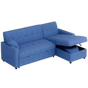 81.9 in. Blue Cotton Reversible Sectional Sofa with Sleeper Queen Size Sofa Bed