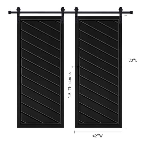 AIOPOP HOME Double Modern Framed Twill 42 in. x 80 in. MDF Black Barn Sliding Door With Hardware kit