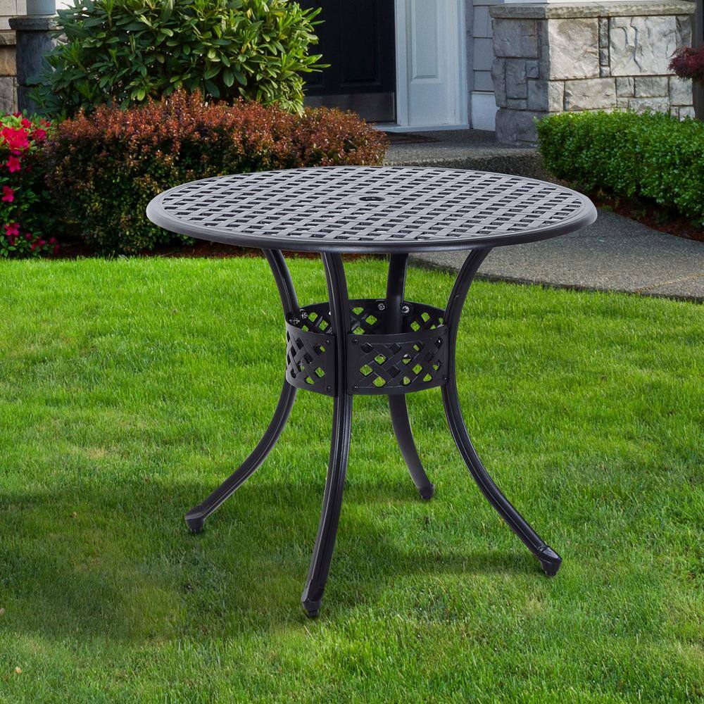 Classic 33" Black Cast Aluminum Round Bistro Table with Umbrella Hole