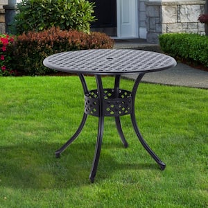 33 in. Round Cast Aluminium Outdoor Patio Dining Table with Umbrella Hole