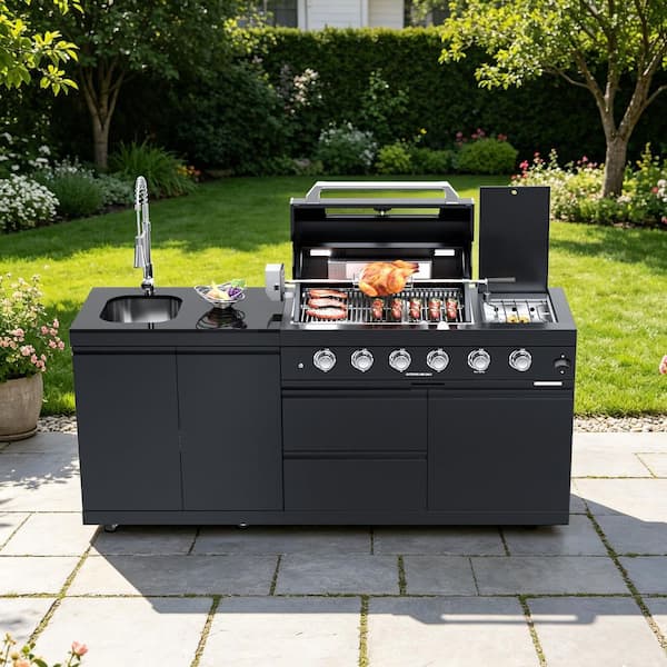46 in. Deluxe 4-Burner 72000BTU BBQ Propane Grill Island. Stainless Steel Rotisserie, Sink, Black