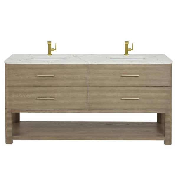 James Martin Vanities Lucian 72.0 in. W x 21.5 in. D x 36 in. H Double Bath Vanity in Pebble Oak with Victorian Silver Silestone Quartz Top