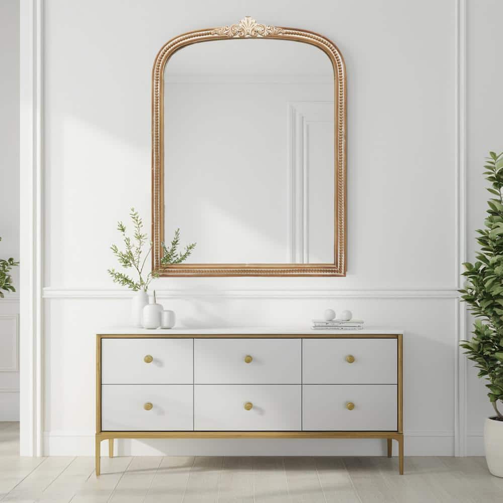 Medium Brown and Whitewashed Wood Arched Decorative Mirror
