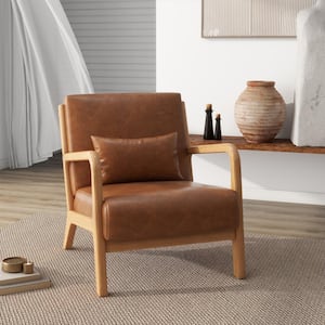 Modern Light Brown Faux Leather Wood Frame Upholstered Accent Arm Chair (Set of 1)