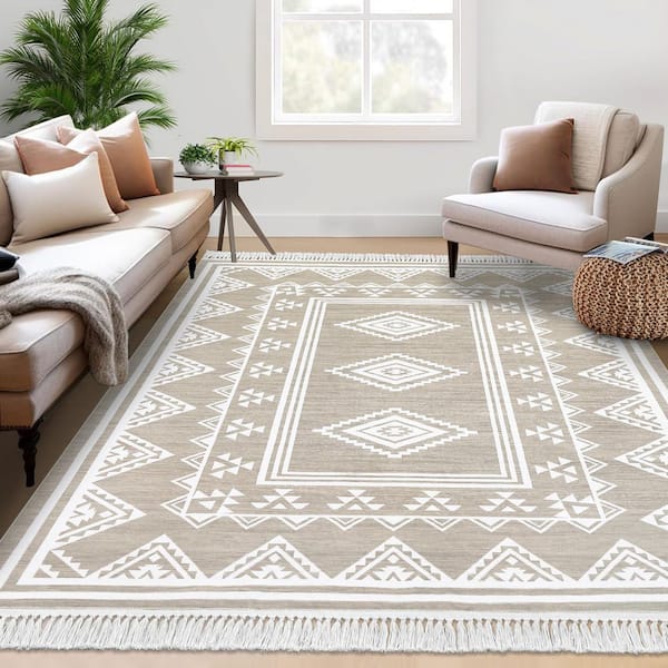 Tassel Printed Carpet Washable Area Rug Soft Non-Slip Bohemian Style Rug for Bedroom Living Room Office Beige，9X12ft