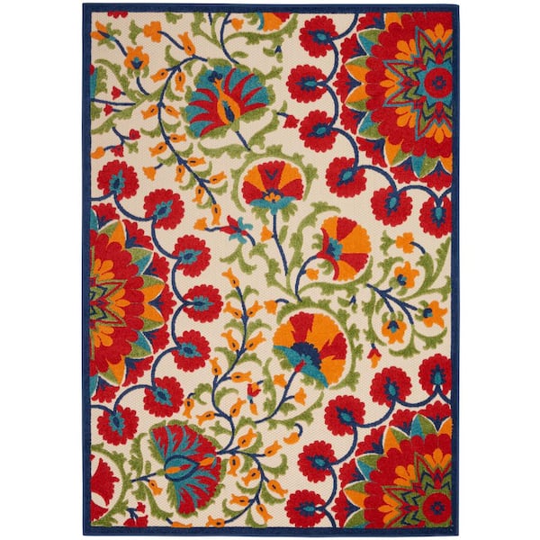 Aloha Easy-Care Red/Multicolor 5 ft. x 8 ft. Floral Modern Indoor/Outdoor Patio Area Rug