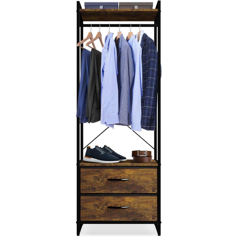 Portable Black Steel and Wood Garment Rack with Drawers