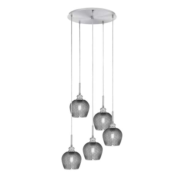 Unbranded Albany 60-Watt 18.75 in. 5-Light Brushed Nickel Cord Pendant Light Smoke Textured Glass Shade