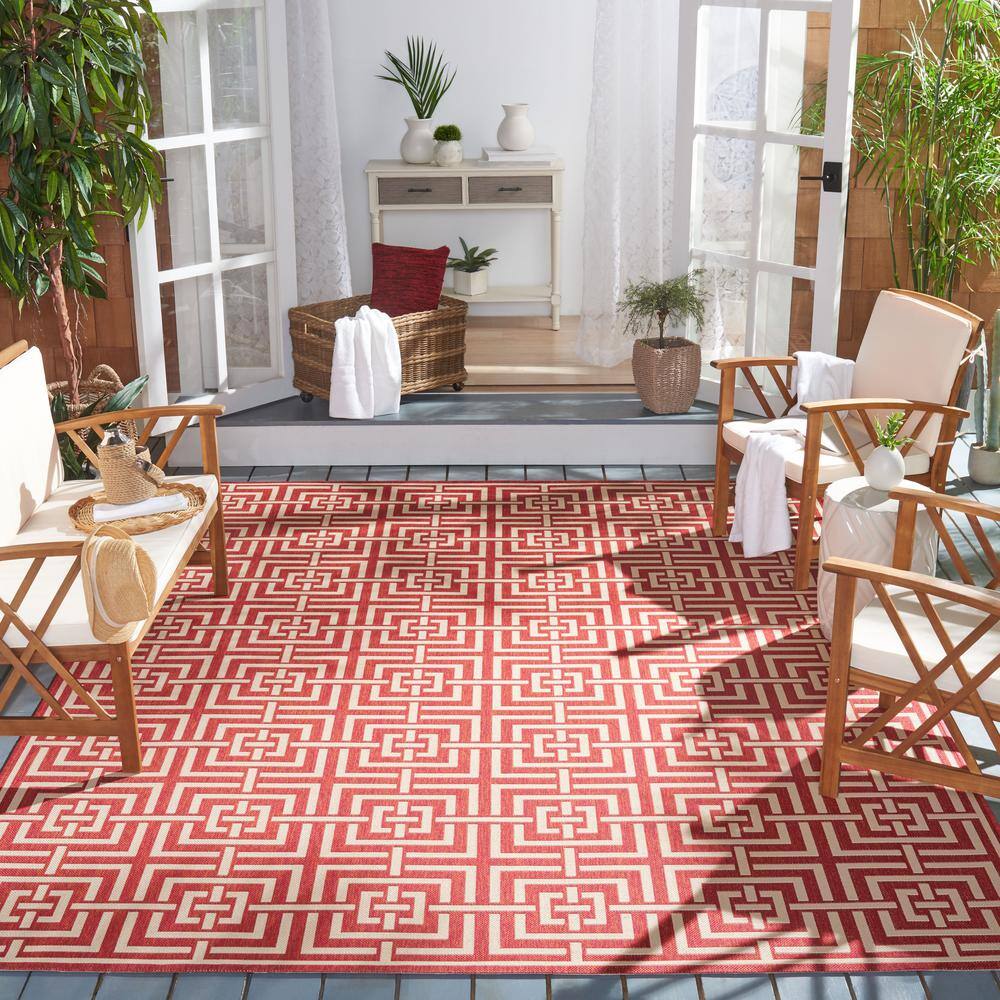 Red and Creme Geometric Square Synthetic Area Rug