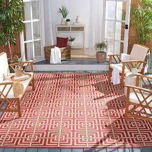 Beach House Red/Creme 7 ft. x 7 ft. Square Geometric Fretwork Indoor/Outdoor Area Rug