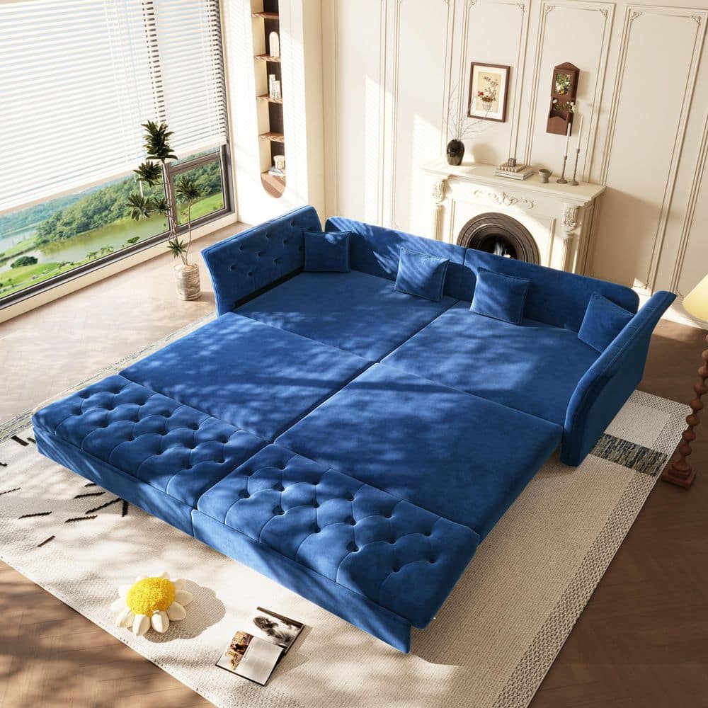 Velmora 100 in. Blue Velvet Round Arm Flower Tufted Pull-Out King Size Sofa Bed, with 86.6 in. Sleeping Surface price history on PriceWatchPro