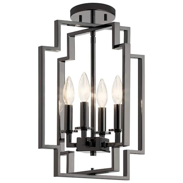 Downtown Deco 4-Light Midnight Chrome Contemporary Candle Cage Convertible Foyer Pendant Hanging Light to Semi-Flush