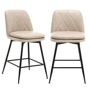 29 in. Beige Faux Leather Upholstered Metal Leg Counter Height Swivel Bar Stool (Set of 2)