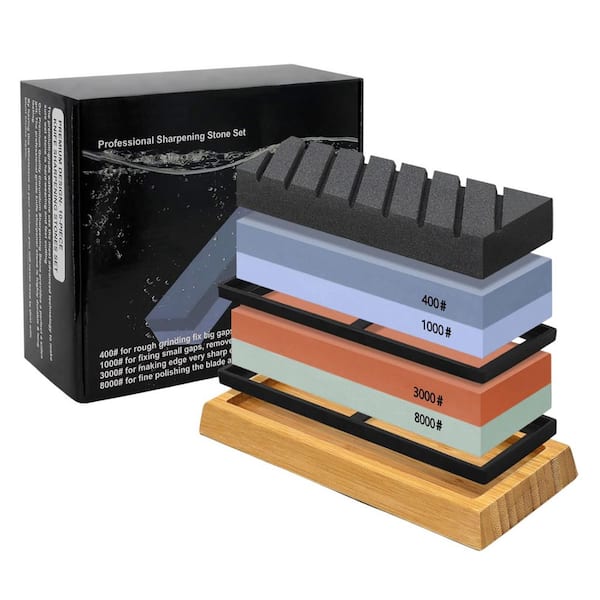 9 in. 400/1000-3000/8000 Grit Corundum Whetstone w Leather Strop Angle Guide Bamboo Holder Polishing Kit Aluminum Oxide