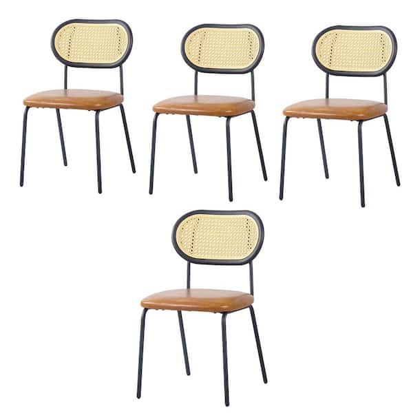 Unbranded Modern Brown PU Faux Leather Upholstered Dining Chairs with Black Metal Legs PP and Rattan Back (Set of 4)