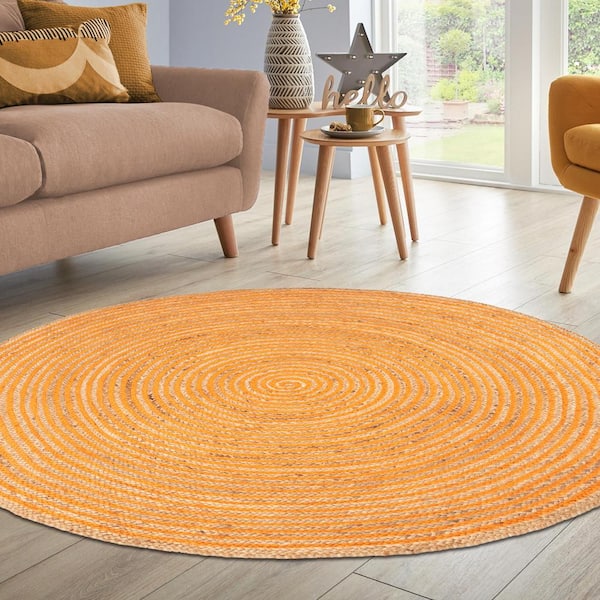 Braided Orange 6 ft. Round Transitional Reversible Jute Area Rug