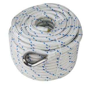 BoatTector 5/8 in. x 200 ft. Double Braid Nylon Anchor Line with Thimble in White with Blue Tracer