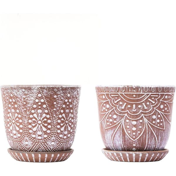 2-Set, 1.5 Qt. Beaded Ceramic Planter with Drainage Hole and Saucer (6.0 in. W x 5.5 in. H), Indoor-Outdoor, Clay