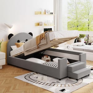 Gray Wood Twin Velvet Upholstered Platform Bed, Day Bed with Bear Ears Shape, Hydraulic System, Breathable Mesh Fence