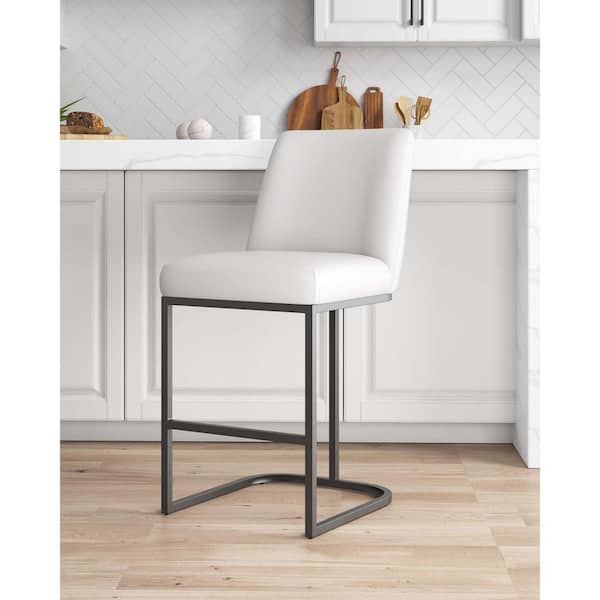 Serena 26.37 in. Modern White Metal Counter Stool with Faux Leather Upholstered Seat