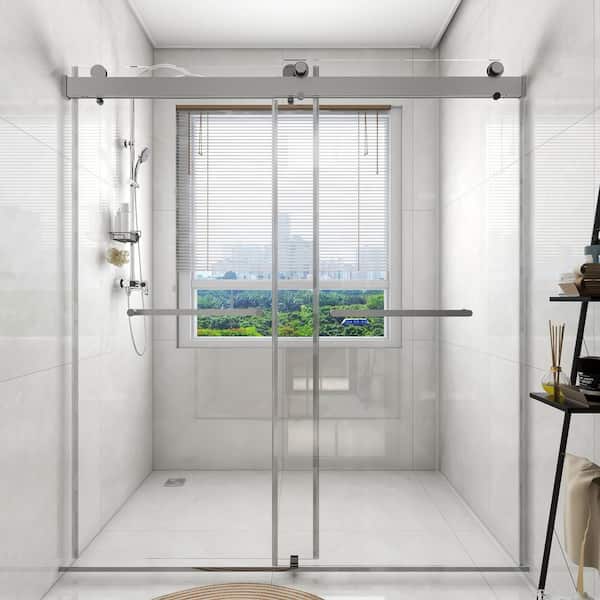 EPOWP 48 in. W x 76 in. H Double Sliding Frameless Shower Door in Stainless Steel Finish with Clear Glass